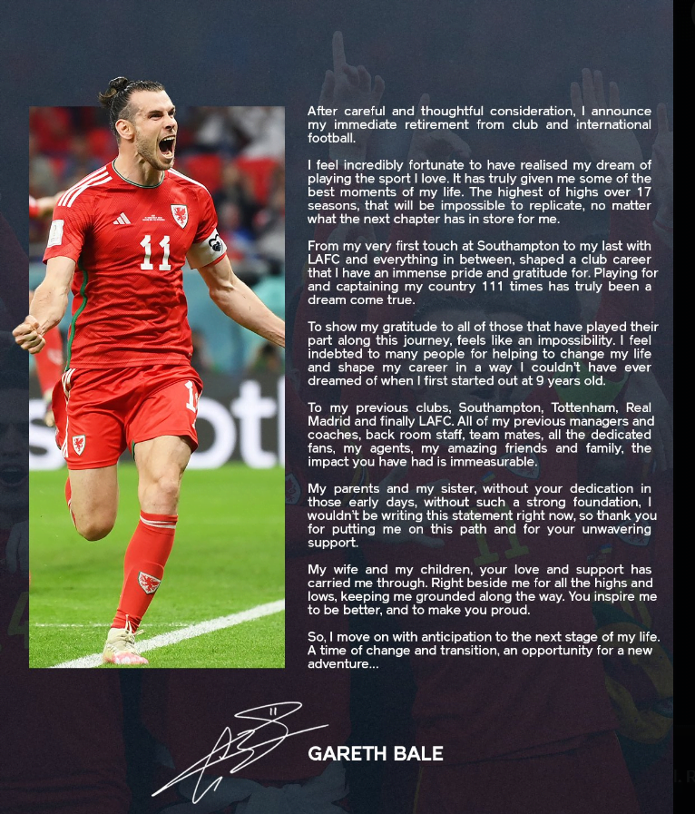 You are currently viewing Retires Gareth Bale: The captain of Wales, has announced his retirement from football at the age of 33 after a splendid career.